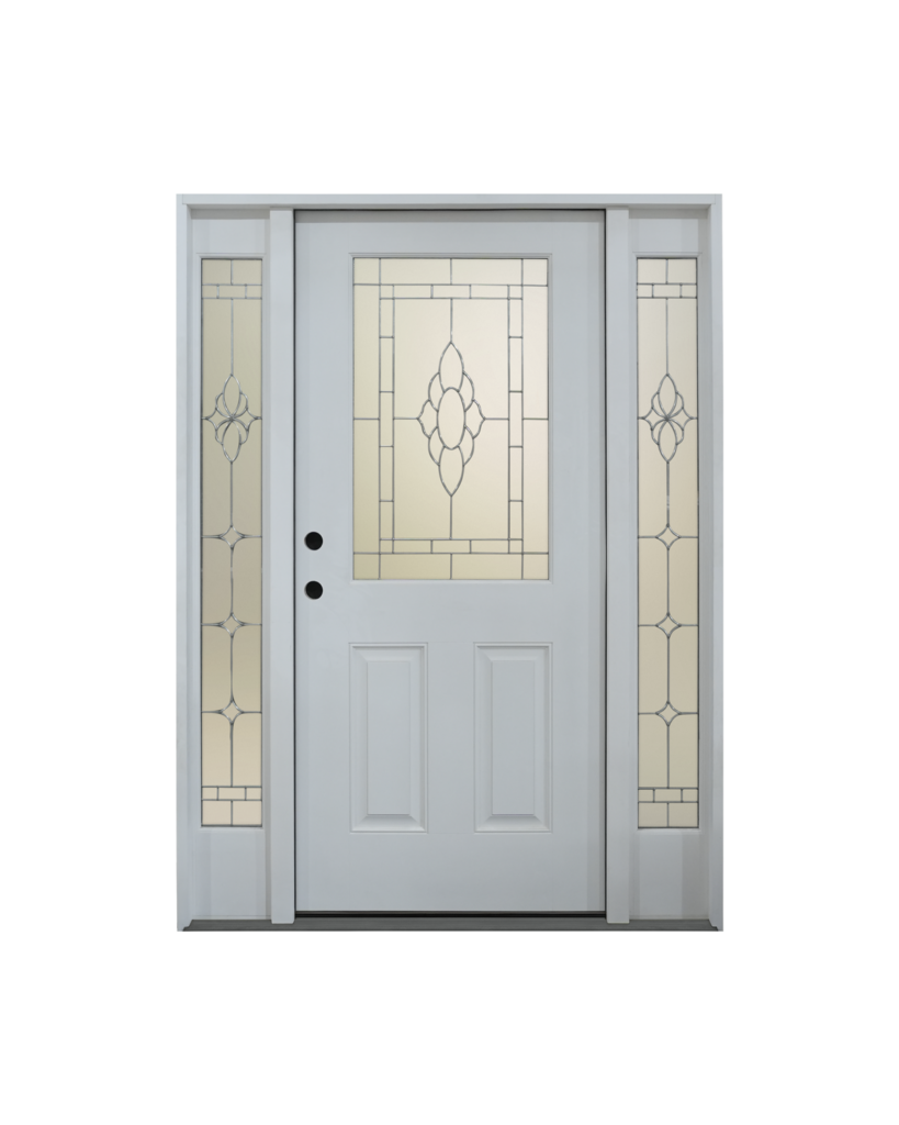 1008 half lite two-panel smooth fiberglass entry door with leaded glass sidelites