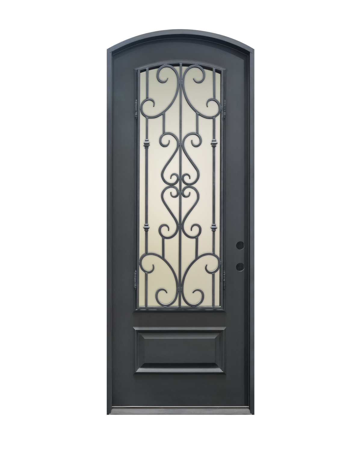 1011 three-quarter lite arch top single entry door with scrolled wrought iron over glass