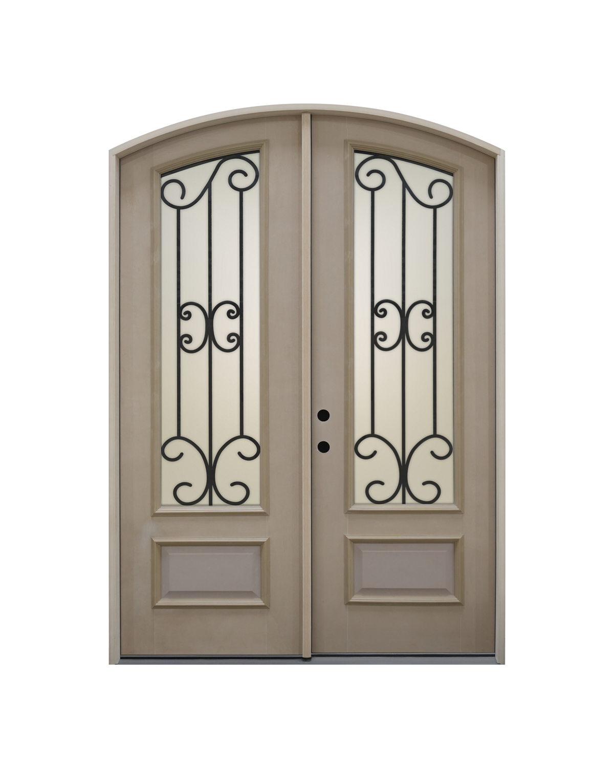 1018 three-quarter lite arch top double entry door with internal wrought iron scrollwork