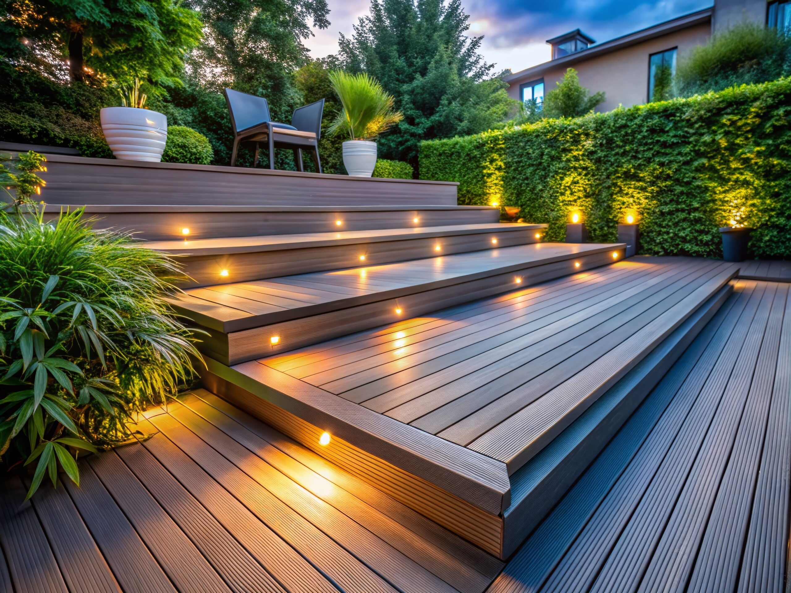 Grey composite deck steps lit by recessed step lights at dusk
