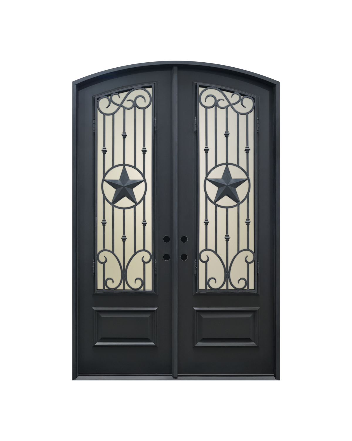 1017 three-quarter lite arch top double entry door with star wrought iron over glass