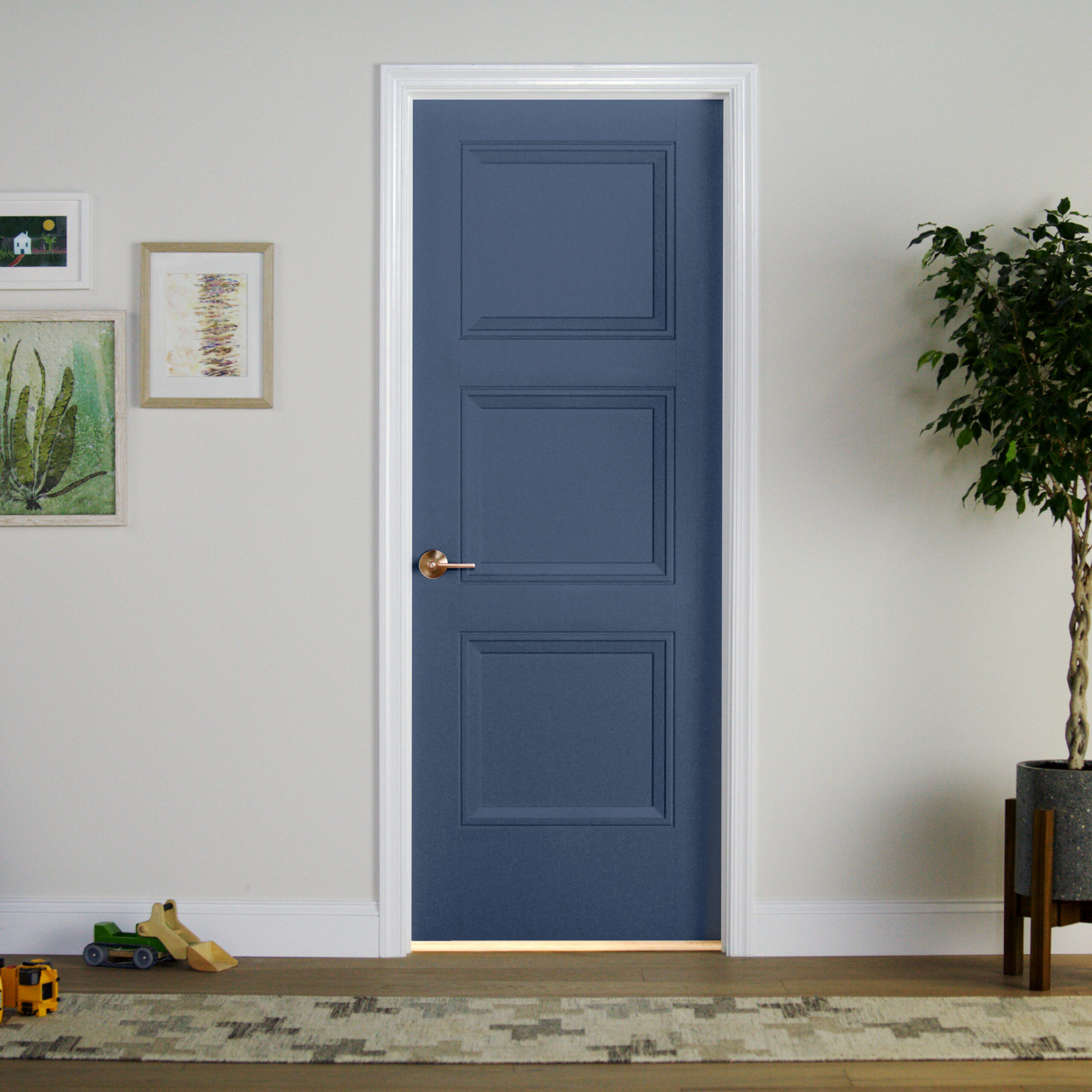 Navy blue three-panel interior door in a hallway