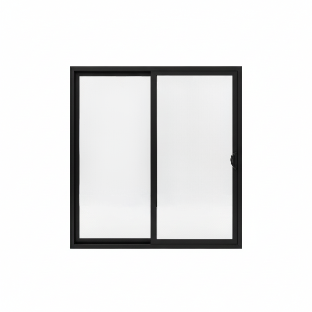 Black sliding patio door, closed, viewed from outside