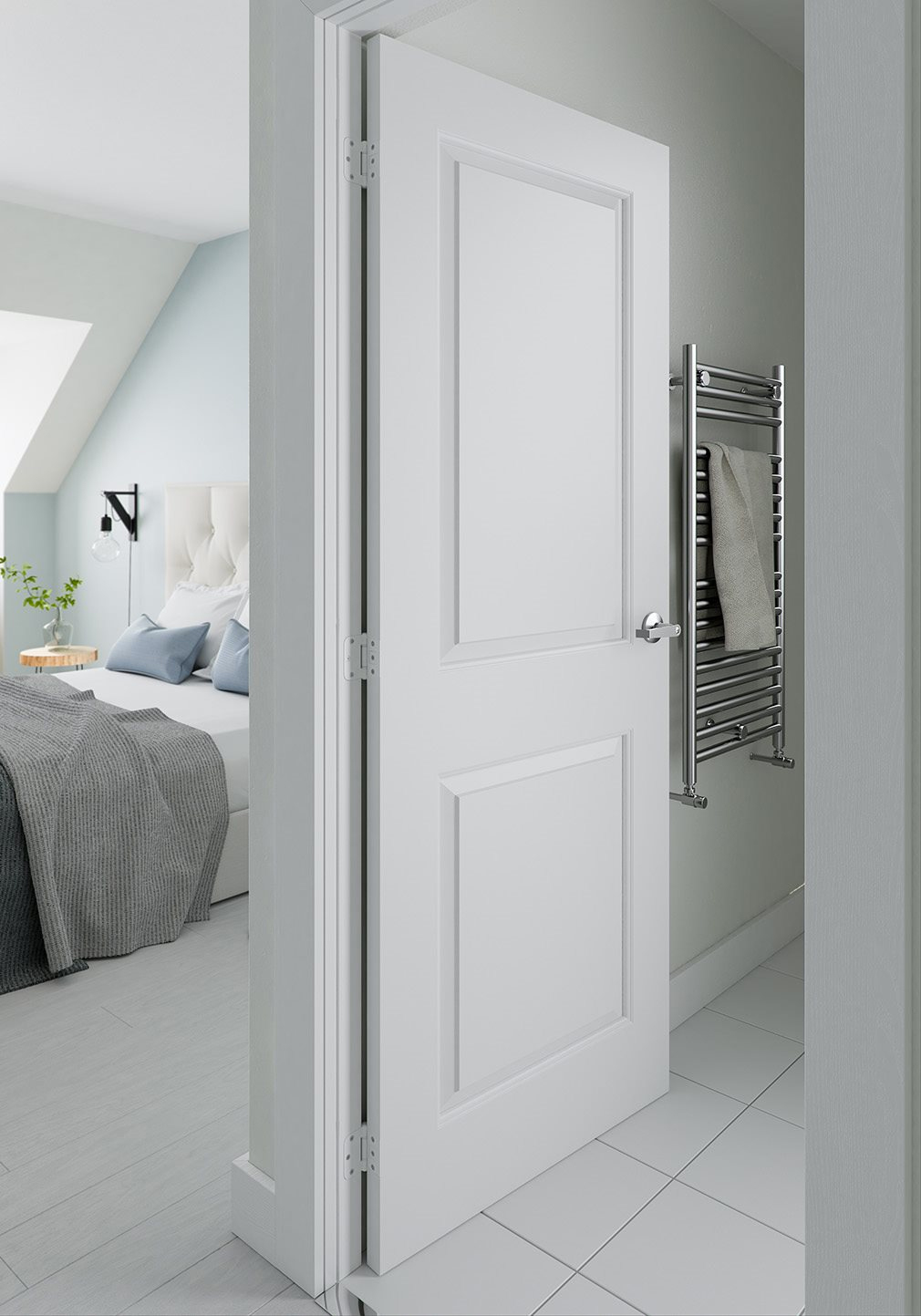White two-panel interior door open onto a bedroom