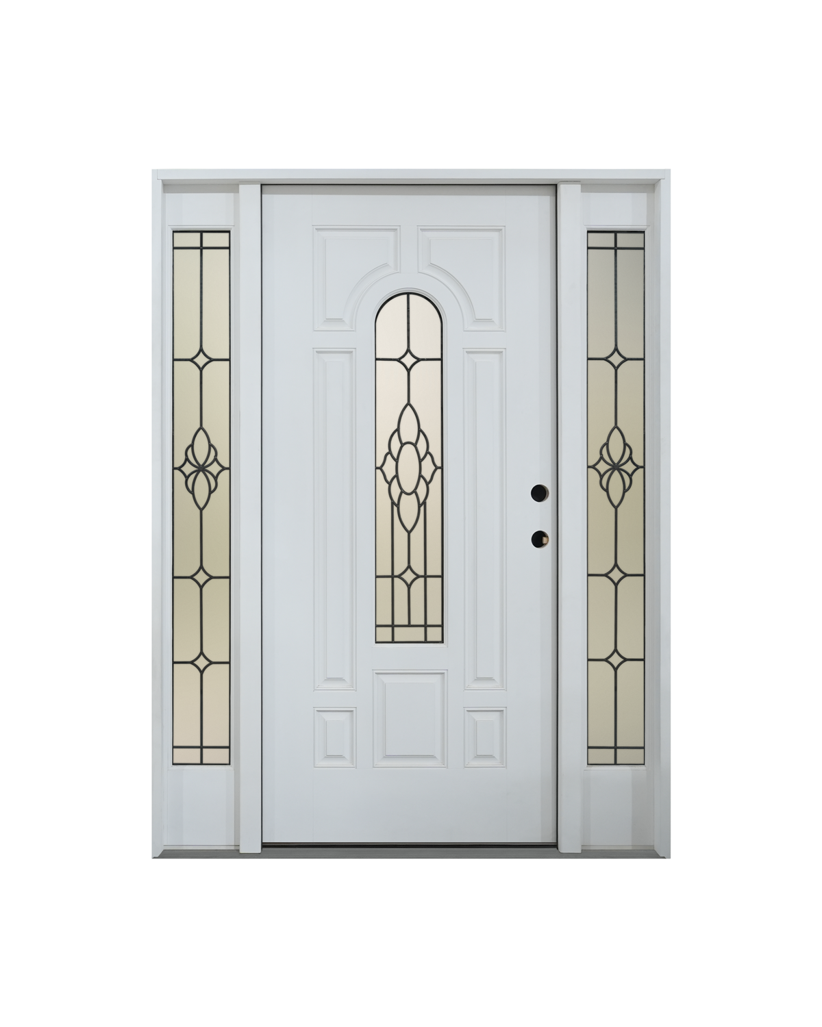 1001 bullet smooth fiberglass entry door with decorative glass and matching sidelites