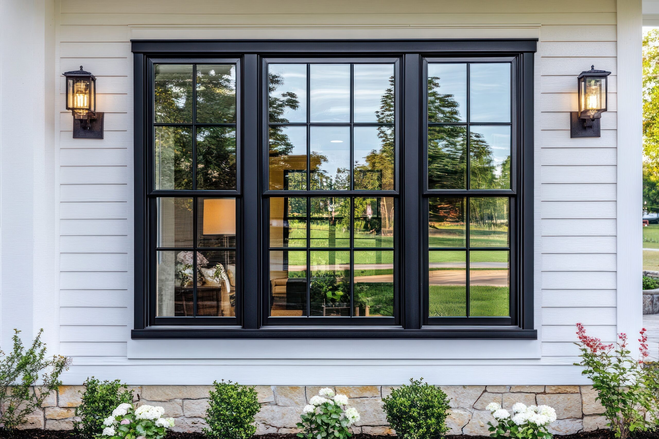 Bank of three black double hung windows on white lap siding with carriage lanterns